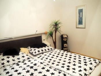 Prostorná ložnice s parketovou podlahou, moderní výzdobou a velkými polštáři, nabízí pohodlné a stylové bydlení.